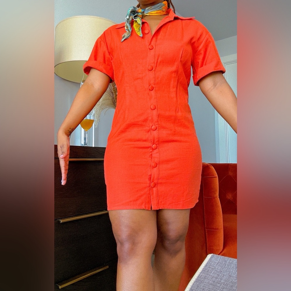 Orange linen button down dress